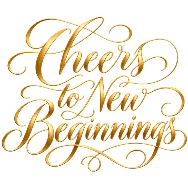 The words “Cheers To New Beginnings” in gold-colored script with elaborate looping flourishes