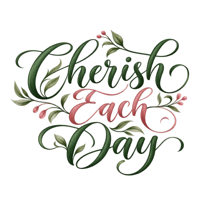 The words “Cherish Each Day” in green and dusty pink lettering with leafy sprigs and small floral accents