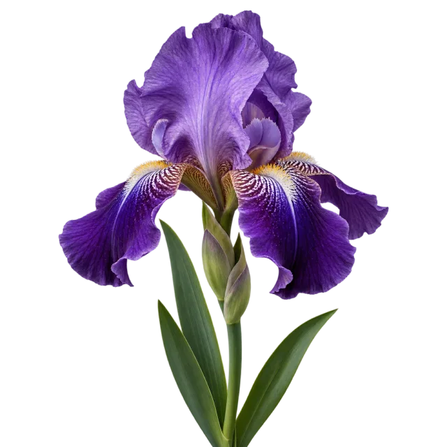 Purple iris with ruffled petals, yellow markings and sword-shaped leaves on a transparent background