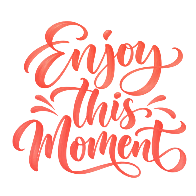 The words “Enjoy This Moment” in coral brush-style lettering with curved decorative strokes