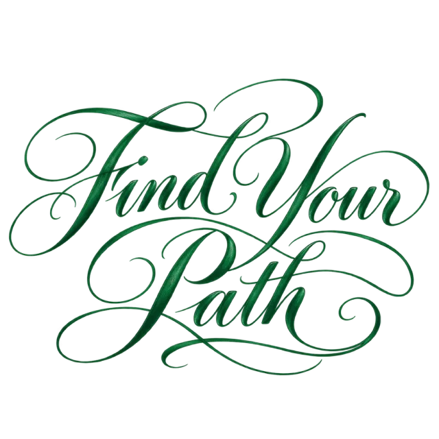 The words “Find Your Path” in deep green script with long, flowing flourishes