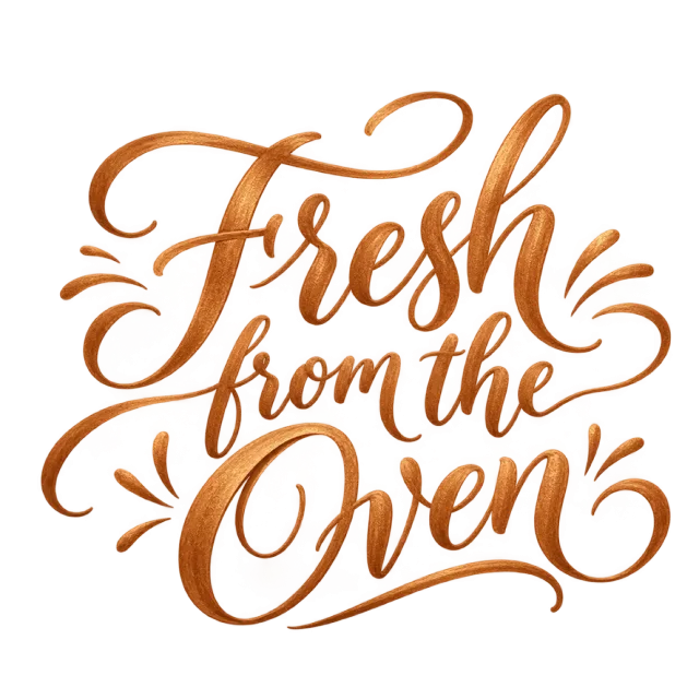 The words “Fresh From The Oven” in copper-orange lettering with small leaf-like accents and curved swashes