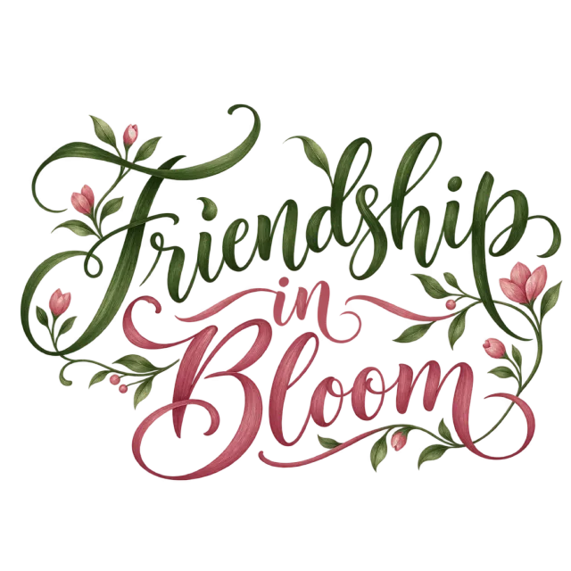 The words “Friendship In Bloom” in green and dusty pink lettering with leafy sprigs and small floral accents