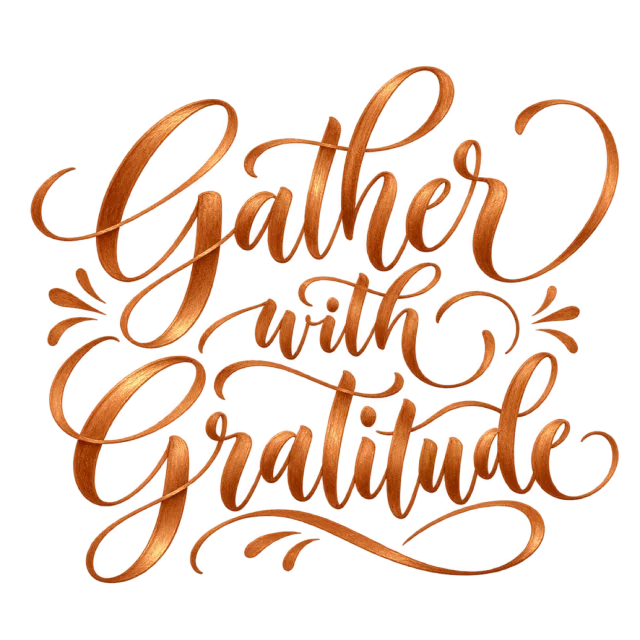 The words “Gather With Gratitude” in copper-orange lettering with small leaf-like accents and curved swashes