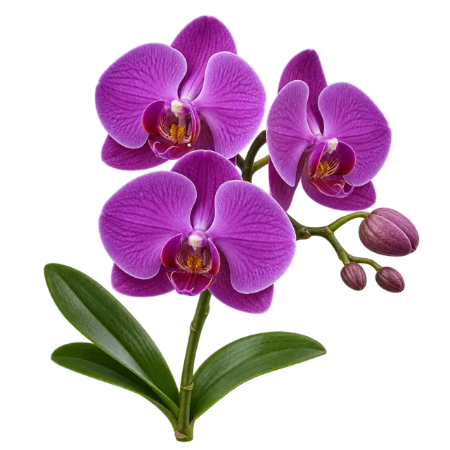 Spray of purple orchid blossoms with rounded petals, small buds and broad leaves on a transparent background