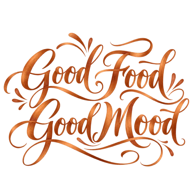 The words “Good Food Good Mood” in copper-orange lettering with small leaf-like accents and curved swashes