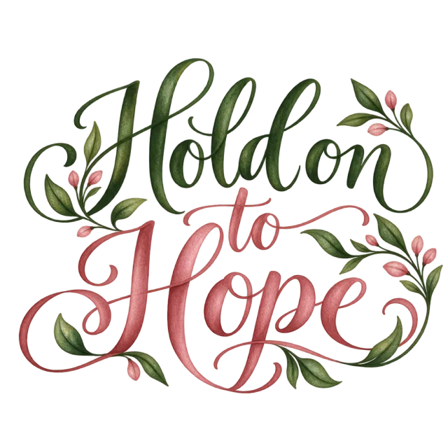 The words “Hold On To Hope” in green and dusty pink lettering with leafy sprigs and small floral accents