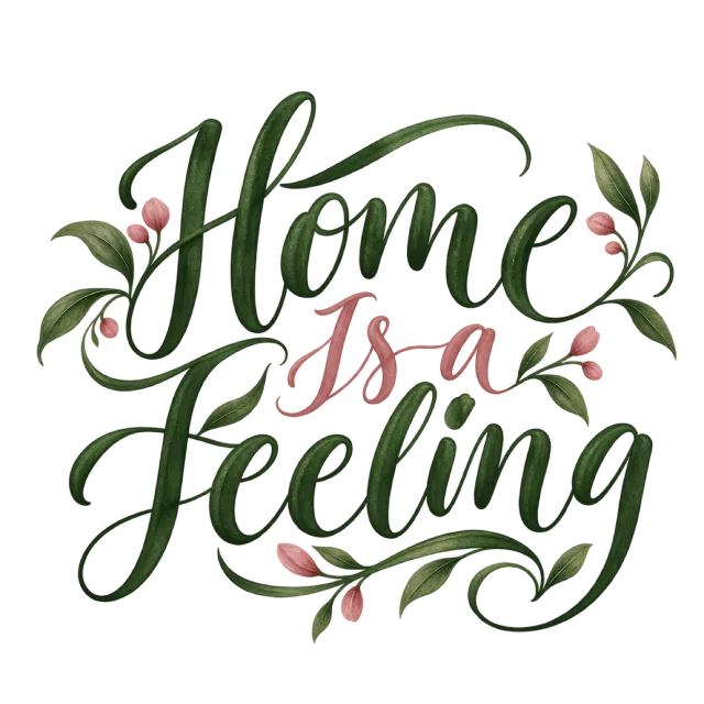 The words “Home Is A Feeling” in green and dusty pink lettering with leafy sprigs and small floral accents