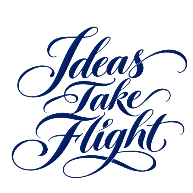 The words “Ideas Take Flight” in navy blue lettering with long, sweeping flourishes