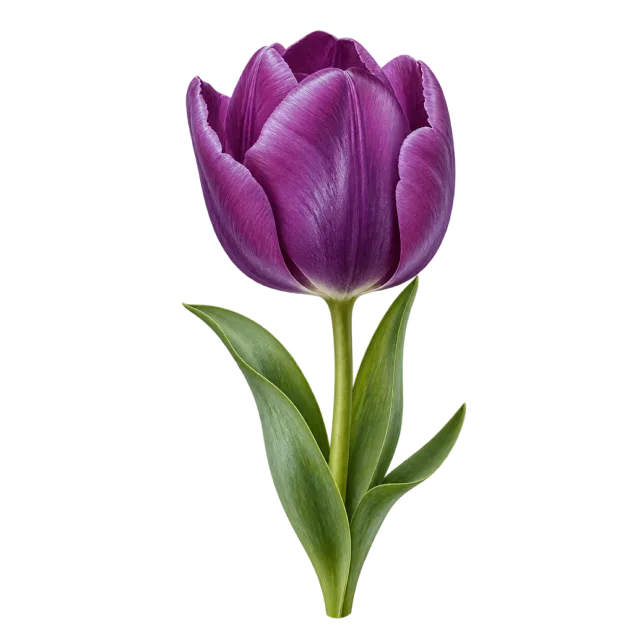 Deep purple tulip with a cup-shaped bloom and long green leaves on a transparent background