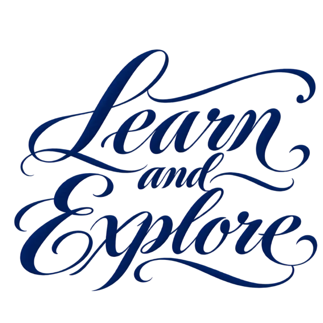The words “Learn And Explore” in navy blue lettering with long, sweeping flourishes