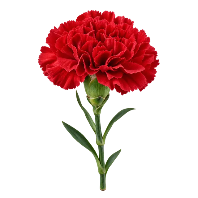 Red carnation with densely ruffled petals on a slender leafy stem on a transparent background