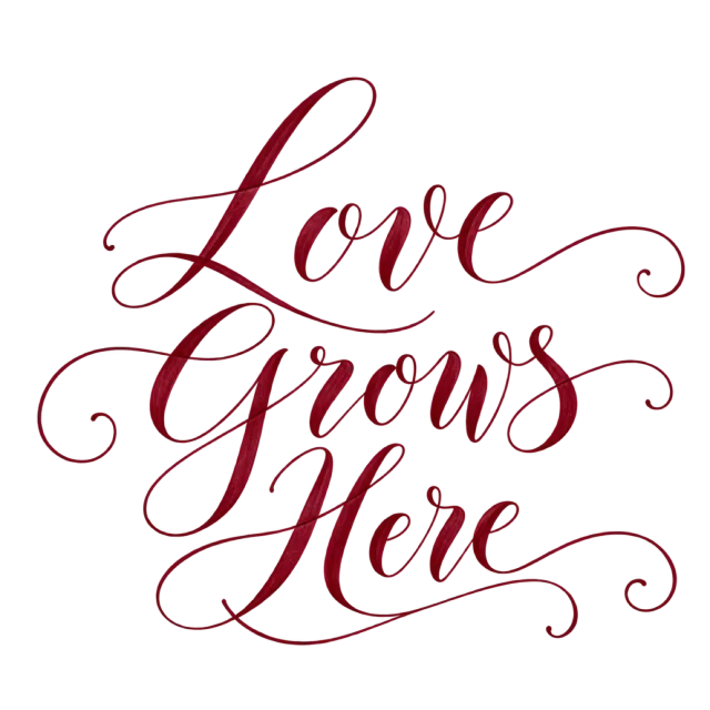 The words “Love Grows Here” in fine burgundy script with looping ornamental strokes