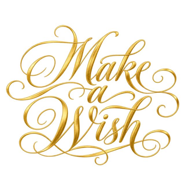The words “Make A Wish” in gold-colored script with elaborate looping flourishes