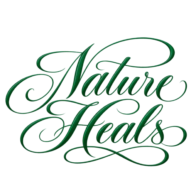 The words “Nature Heals” in deep green script with long, flowing flourishes