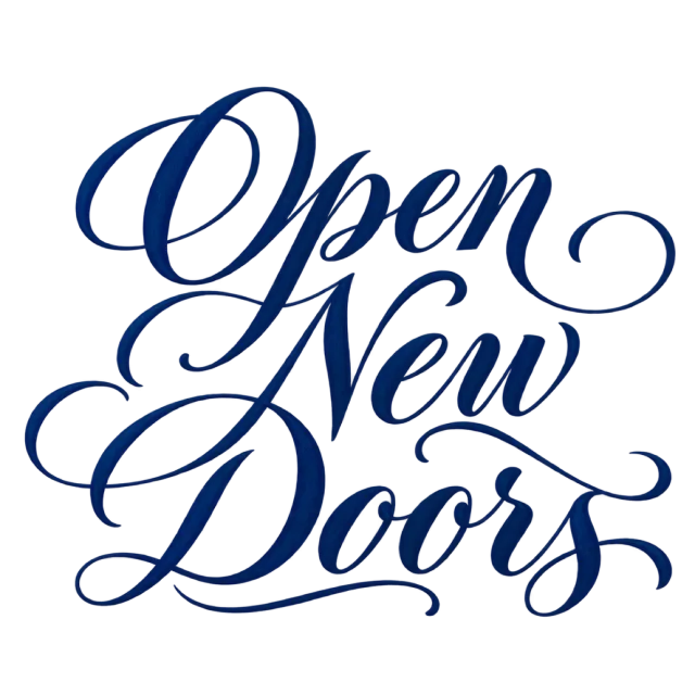 The words “Open New Doors” in navy blue lettering with long, sweeping flourishes