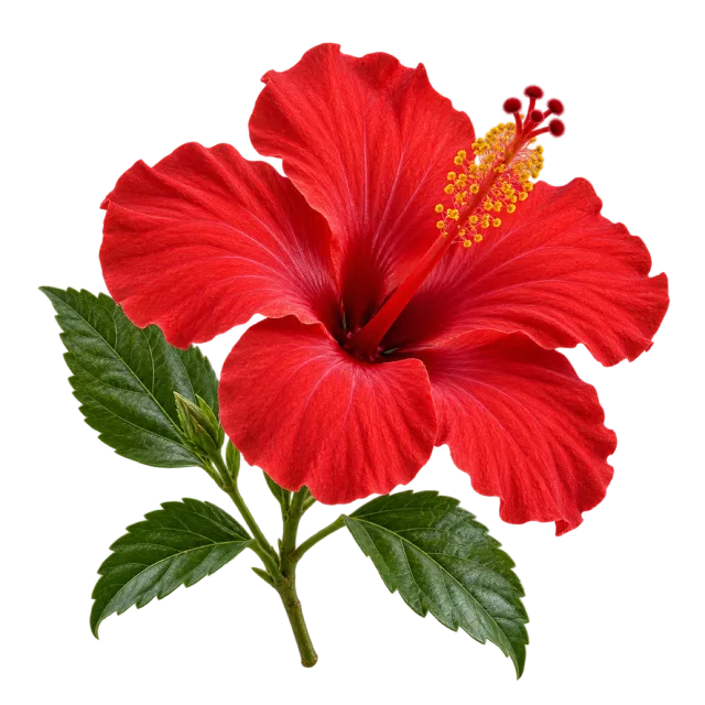 Red hibiscus with broad petals, a projecting yellow-tipped stamen and green leaves on a transparent background