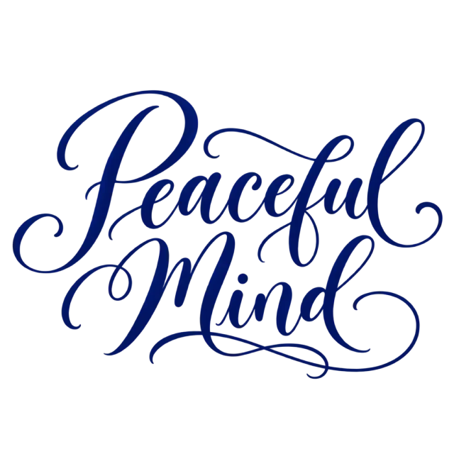 The words “Peaceful Mind” in navy blue lettering with long, sweeping flourishes