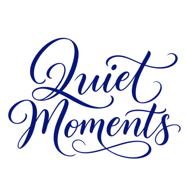 The words “Quiet Moments” in navy blue lettering with long, sweeping flourishes