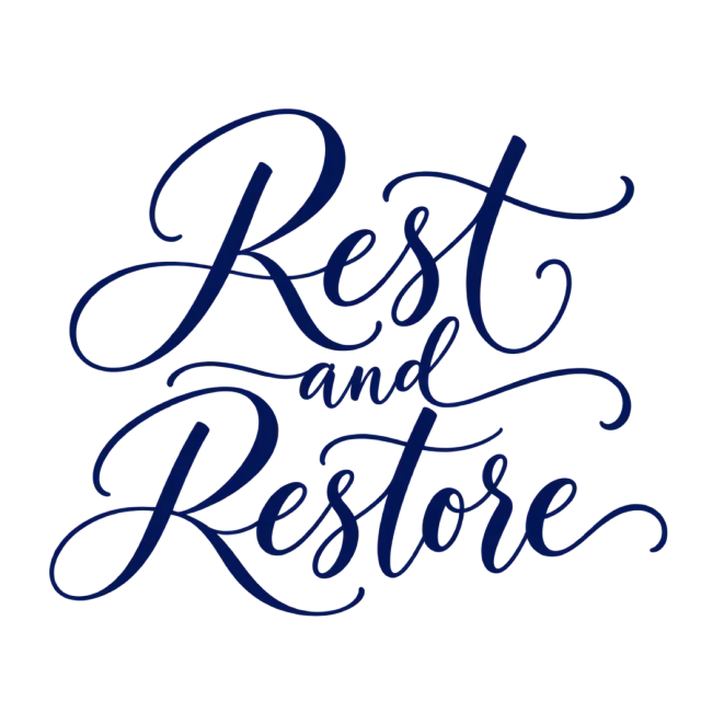 The words “Rest And Restore” in navy blue lettering with long, sweeping flourishes