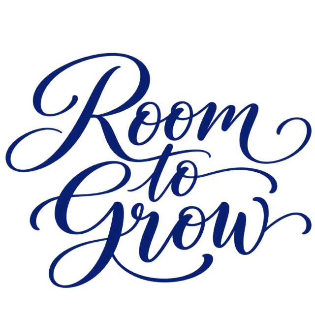 The words “Room To Grow” in navy blue lettering with long, sweeping flourishes