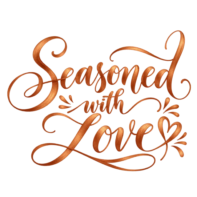 The words “Seasoned With Love” in copper-orange lettering with small leaf-like accents and curved swashes