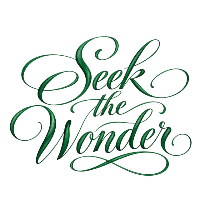 The words “Seek The Wonder” in deep green script with long, flowing flourishes