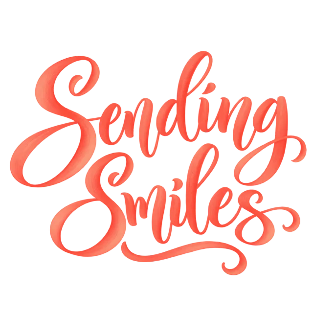 The words “Sending Smiles” in coral brush-style lettering with curved decorative strokes