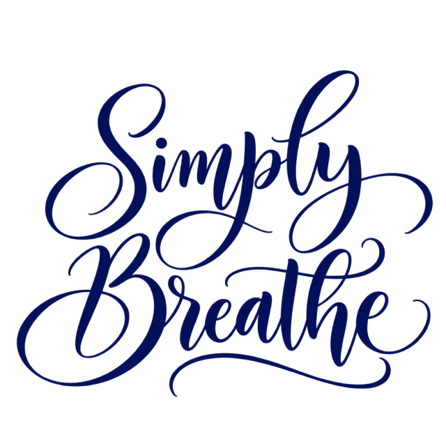 The words “Simply Breathe” in navy blue lettering with long, sweeping flourishes