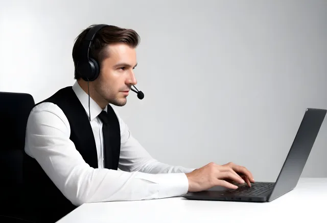 Side view of a man wearing a headset and black waistcoat while using a laptop