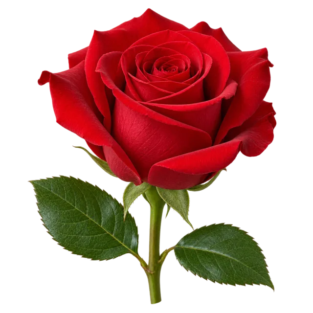 Red rose with tightly curled central petals and serrated green leaves on a transparent background