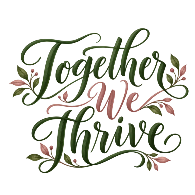 The words “Together We Thrive” in green and dusty pink lettering with leafy sprigs and small floral accents