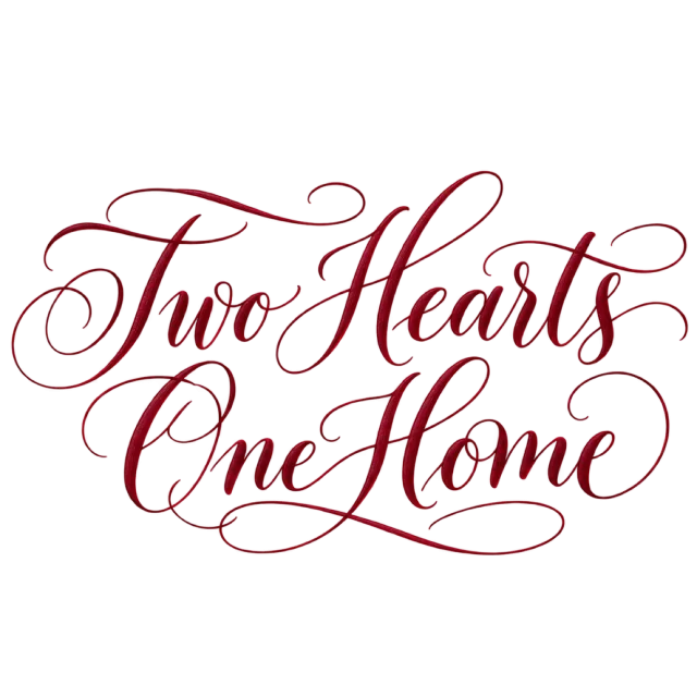 The words “Two Hearts One Home” in fine burgundy script with looping ornamental strokes