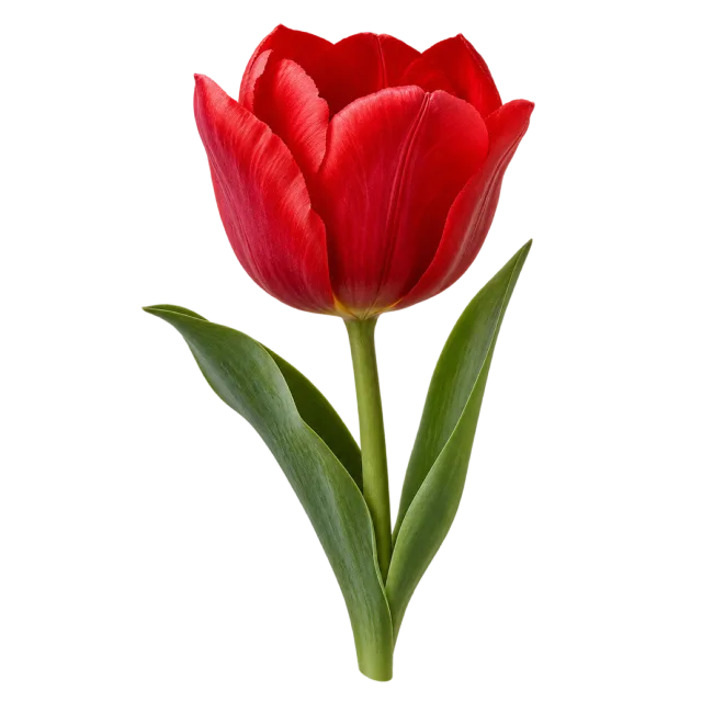 Red tulip with open cup-shaped petals and upright green leaves on a transparent background