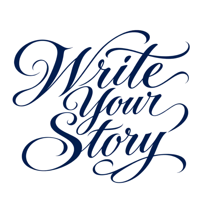 The words “Write Your Story” in navy blue lettering with long, sweeping flourishes