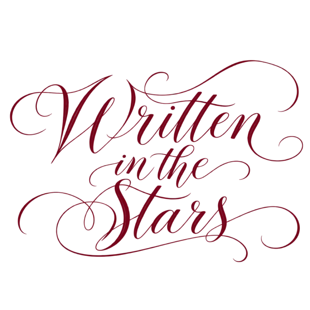 The words “Written In The Stars” in fine burgundy script with looping ornamental strokes