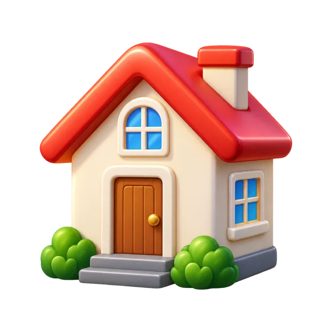 A cream house with a red roof, blue windows and small green shrubs