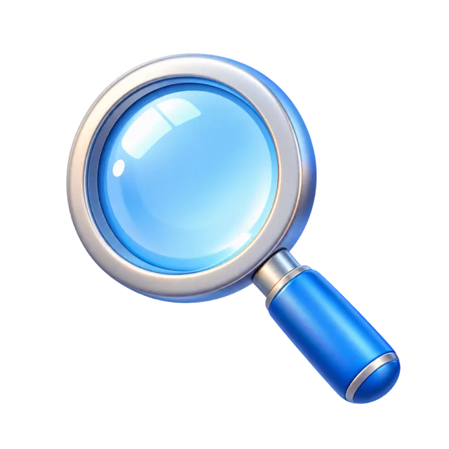 A blue magnifying glass with a silver rim and reflective blue lens