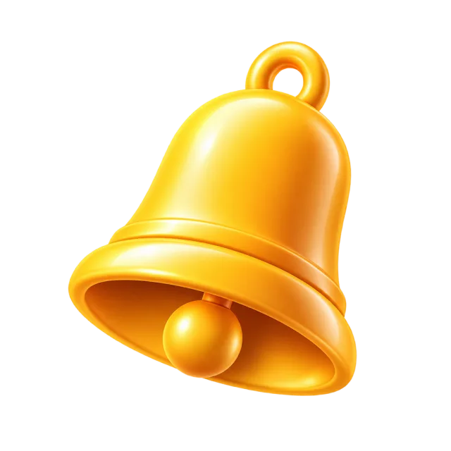 A golden notification bell with a loop at the top and a round clapper