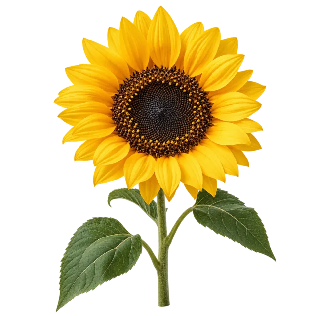 Yellow sunflower with a large dark seed center and broad green leaves on a transparent background