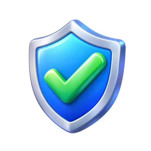 A blue shield with a silver rim and a raised green checkmark