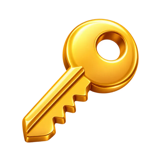 A gold key with a circular head and a notched shaft
