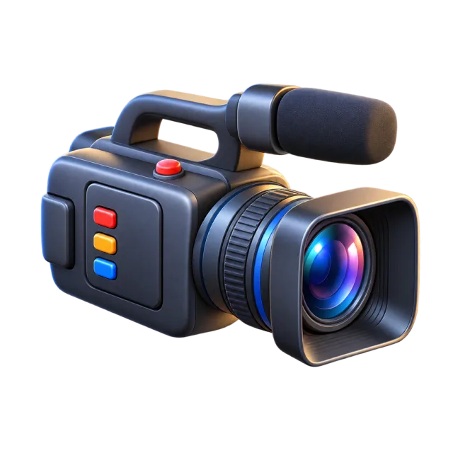 A dark video camera with a top microphone and a colorful lens