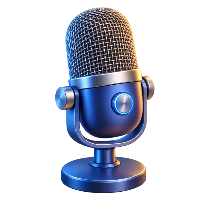 A blue desktop microphone with a metal grille and a round stand