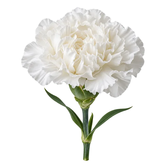 White carnation with densely ruffled petals and slender green leaves on a transparent background