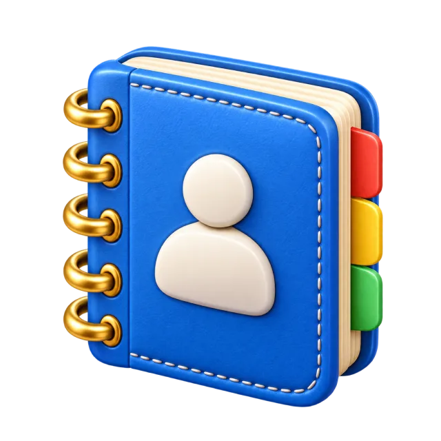 A blue ring-bound address book with a white profile symbol and colored tabs