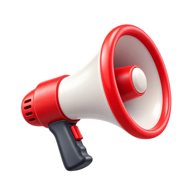 A red megaphone with a white opening and a dark handle