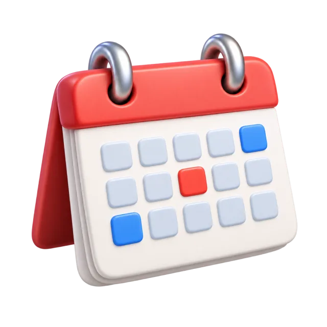 A standing calendar with red binding and a grid of colored date squares