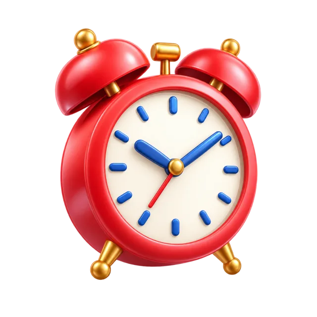A red twin-bell alarm clock with a white face and blue hour marks