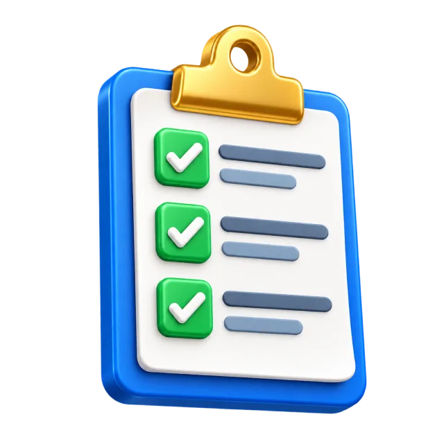 A blue clipboard holding a white checklist with three green checkmarks